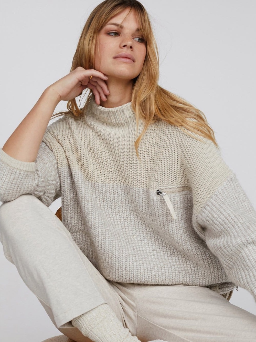 Varley Darwell Two Toned Zip Sweater In Cashew Size Large Chunky Knit Oversized